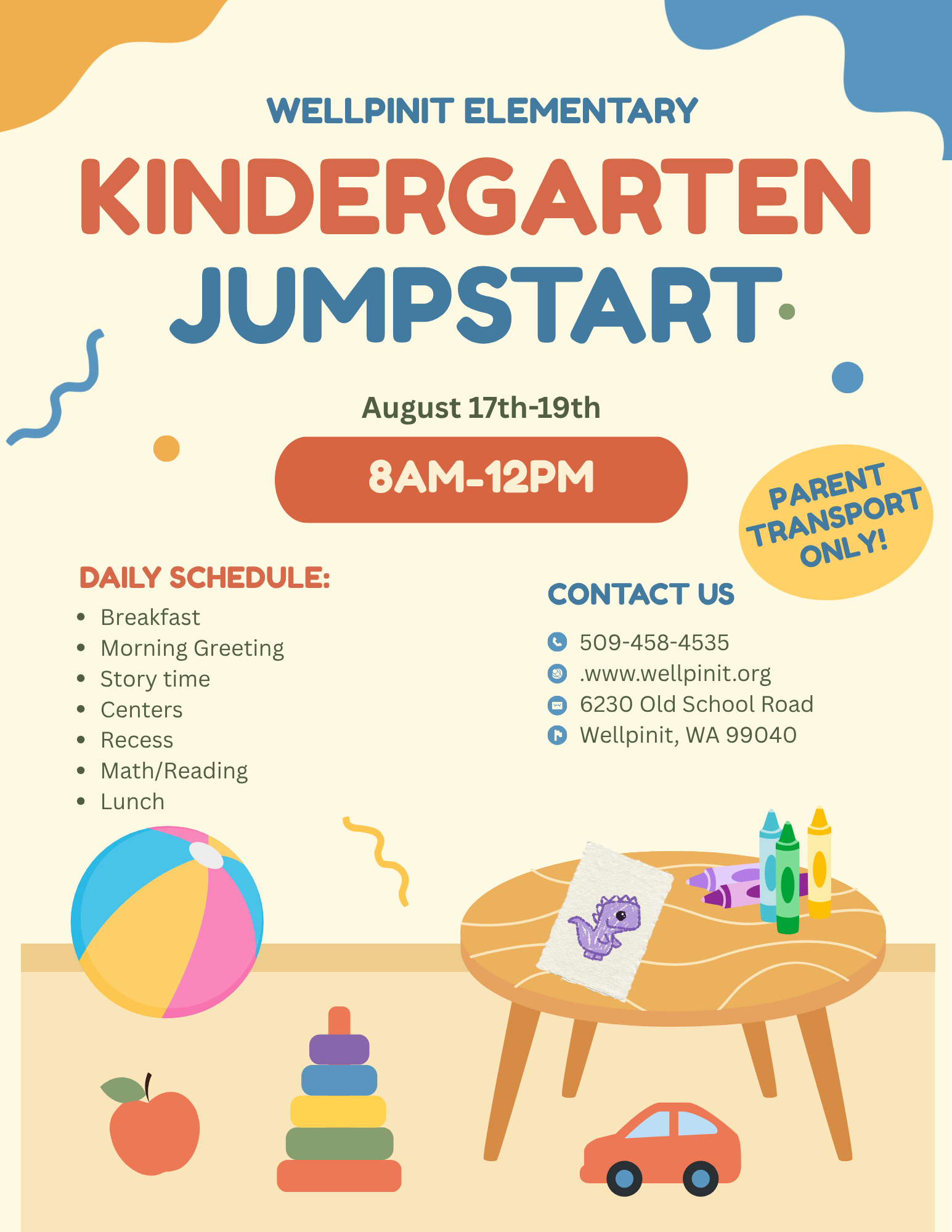 flyer for kinder jumpstart 8/17-8/19 8am-12pm